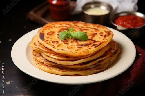 Breakfast delight paratha, canai, or roti Maryam served on plate