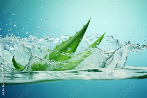 Aloe vera slices under water on green background. create using generative AI tool