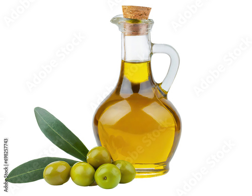 Delicious olive oil in a glass bottle and green olives with leaves - isolated on transparent background