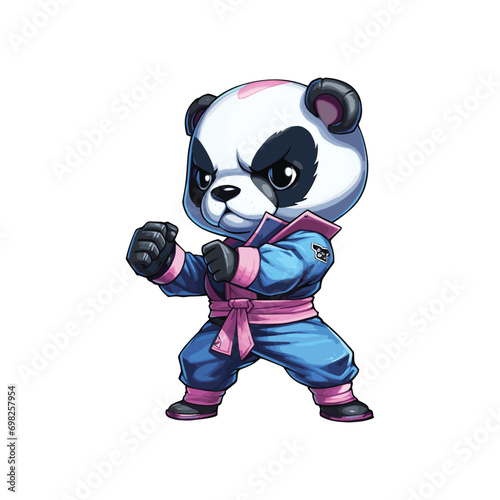 a cartoon drawing of Panda in a blue and pink outfit Chibi style