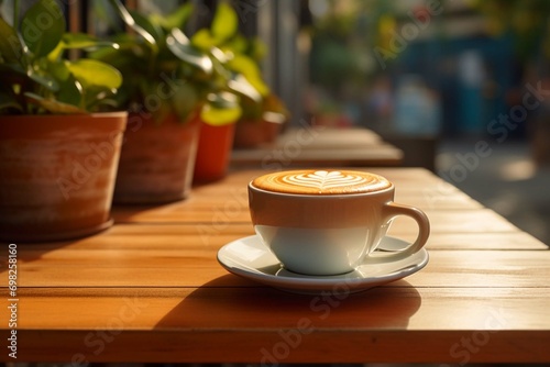 Hot latte coffee put on table in cafe restaurant, drink breakfast in the morning day. create using generative AI tool