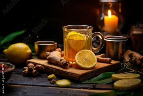Immunity boosting drink with ginger, lemon and turmeric on dark wooden table. create using generative AI tool