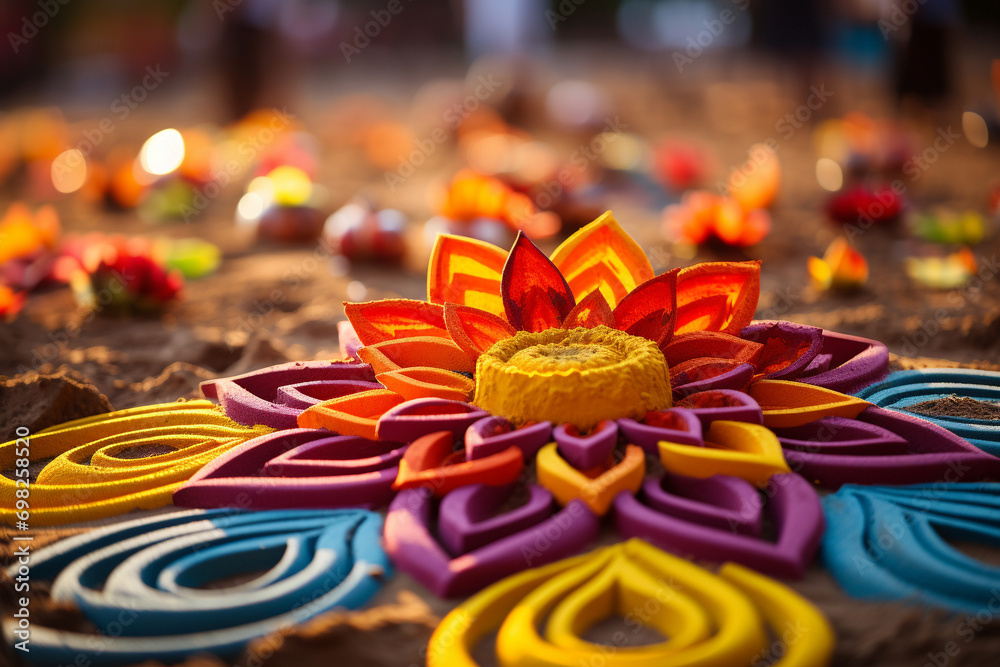 The intricate pattern of a mandala, created with colorful sand, symbolizing the impermanence and interconnectedness of all things