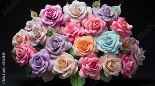  a bouquet of pink  blue  and pink roses on a black background with a green leaf in the middle of the bouquet.