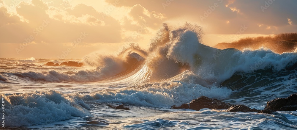 Giant wave breaks at coast as breeze blows water from sea at sunset with orange sky.