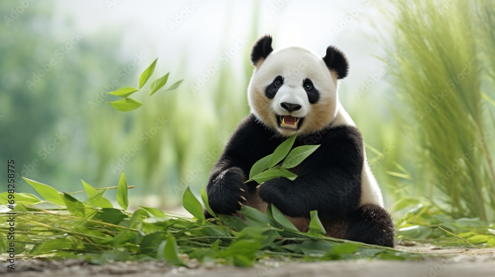  a panda bear sitting on the ground eating a leafy green plant with its mouth open and it's tongue out.