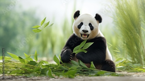  a panda bear sitting on the ground eating a leafy green plant with its mouth open and it's tongue out. © Anna