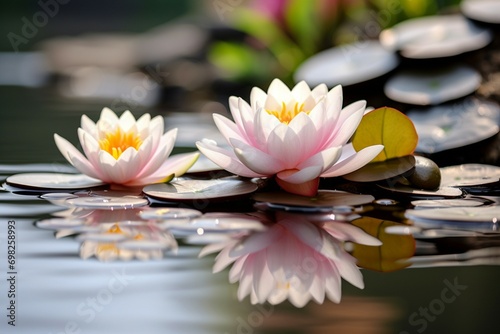 Beautiful lotus with a stone, gracefully floating on tranquil water