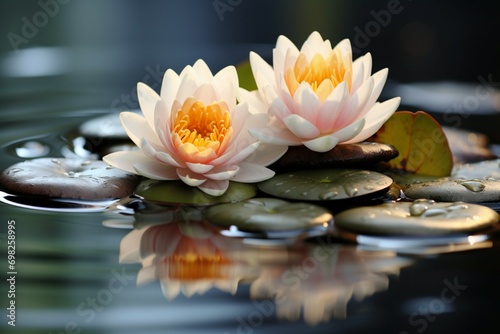 Beautiful lotus with a stone, gracefully floating on tranquil water