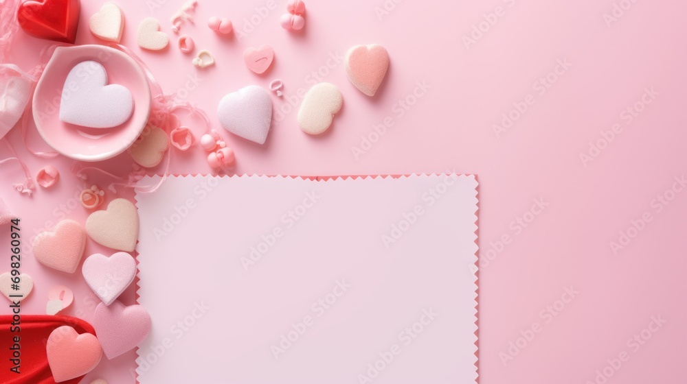  a pink background with hearts and a paper with a place for a text on the left side of the image.