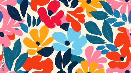  a multicolored floral pattern with leaves and flowers on a white background with pink, blue, red, yellow, and orange colors.