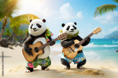 two panda bears dancing on the Hawaii beach 