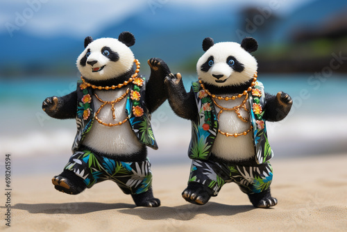 two panda bears dancing on the Hawaii beach 