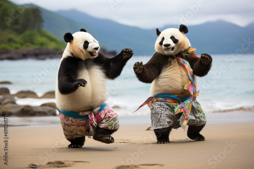 two panda bears dancing on the Hawaii beach 
