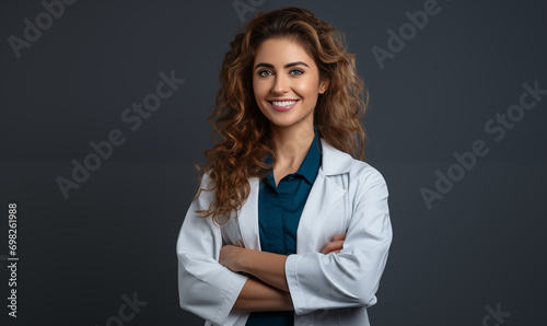 Portrait of a smiling doctor’s girlfriend on a dark background.