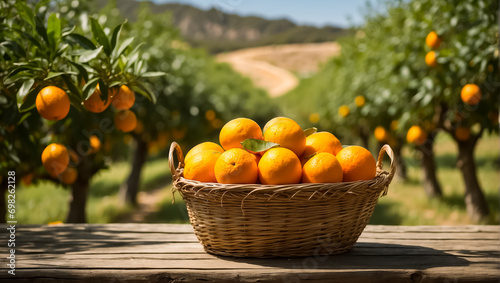 Basket with fresh oranges on a background of trees harvest