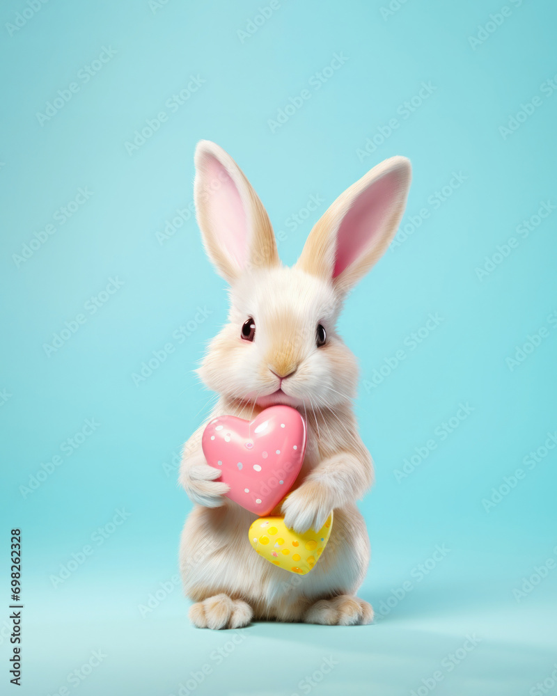 A cute white bunny on a blue pastel background, holding a hearst. Pastel, creative, Valentine's Day animal concept. A cute white bunny on a blue pastel background, holding a hearst. Pastel, creative, Valentine's Day animal concept.