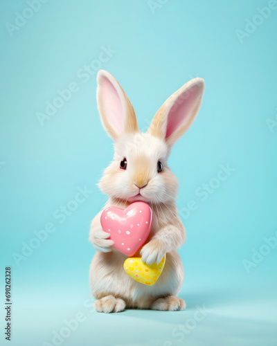A cute white bunny on a blue pastel background, holding a hearst. Pastel, creative, Valentine's Day animal concept.  photo