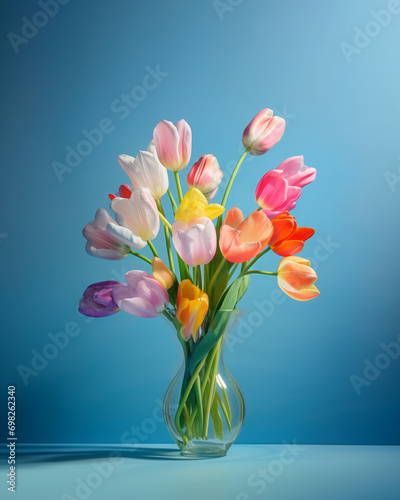 Colorful beautiful fresh tulips in vase on a pastel blue background. Spring flowers concept.