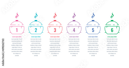 cookware, kitchen, food infographic template. six steps infographic template. web, internet, annual report, education, magazine infographic template