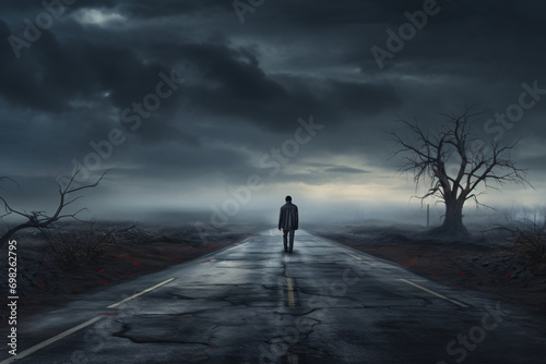 A man walking alone on a lonely road in the middle of nowhere, depicting the feeling of loneliness, depression or feeling lost © Dennis