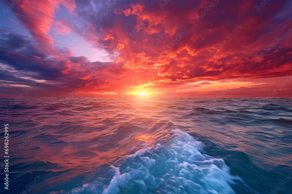 Colorful sunset over the ocean, vibrant sky, pink and red sky