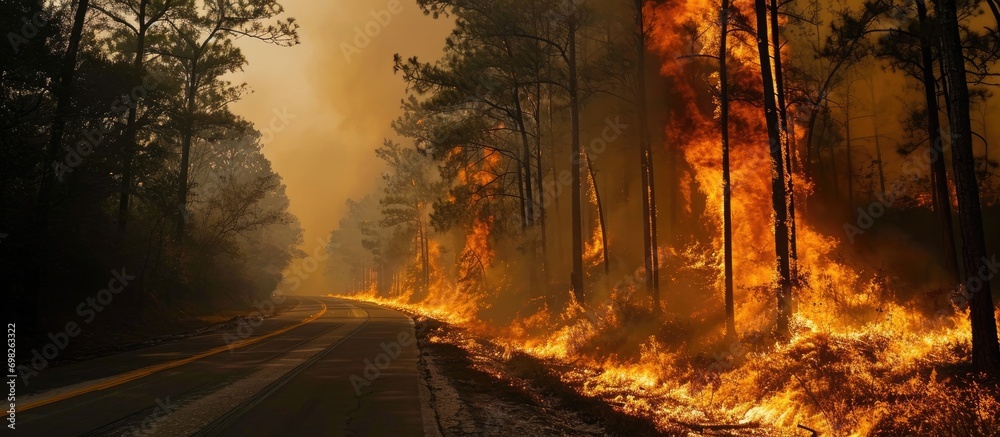 Highway near Cameron, Louisiana threatened by controlled fire.