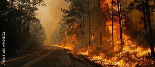 Highway near Cameron, Louisiana threatened by controlled fire.