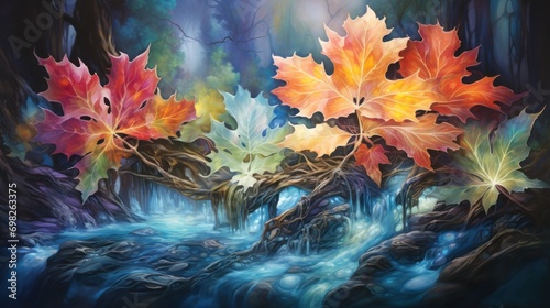  a painting of a waterfall with maple leaves floating on it s sides and a waterfall in the middle of the painting.