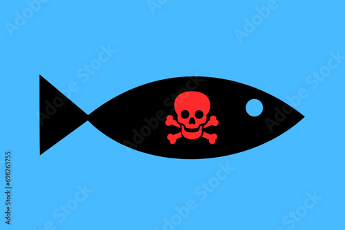 Fish with symbol, sign and pictogram of skull and bones. Aquatic animal and poison or toxicity. Poisonous fish and contaminated animal by toxic. Vector illustration isolated.