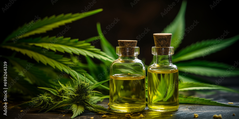 medical cannabis and oil bottles. CBD medical cannabis and oil bottles. CBD