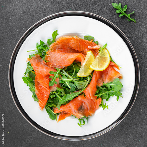 salmon salad fish seafood ready to eat eating cooking appetizer meal food snack on the table copy space food background rustic top view diet Pescetarian