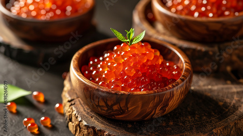 delicious fresh red fish caviar in a wooden bowl photo