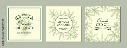 Cannabis square design for packaging, social media posts, store decoration, branding, certificates. Set of marijuana vector illustration in sketch style. Hemp engraved background