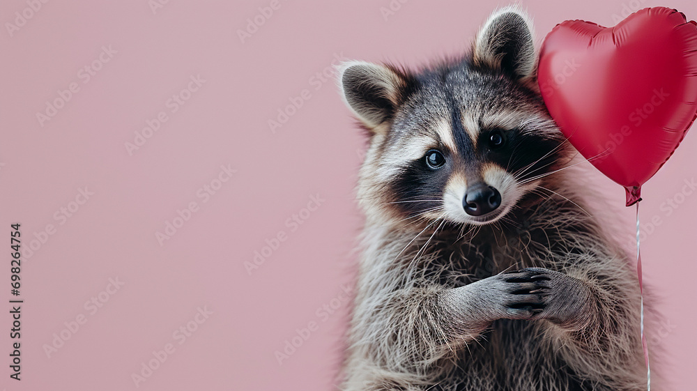 cute raccoon with balloon heart for valentines day - obrazy, fototapety, plakaty 