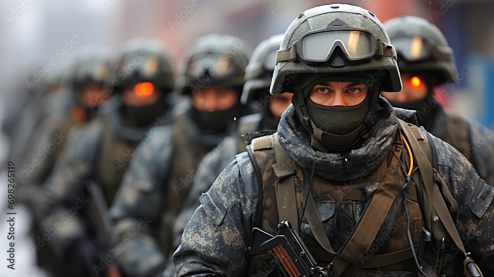 Obraz premium Armed soldiers go on the attack