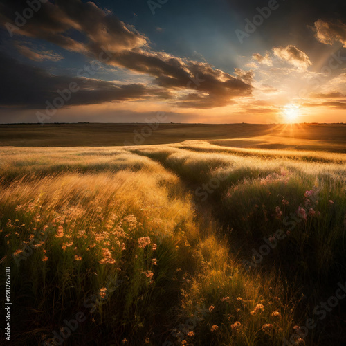 Through the lens of AI, the prairie emerges as a living canvas where the interplay of sunlight and cloud shadows paints a masterpiece of chiaroscuro. © Nadia