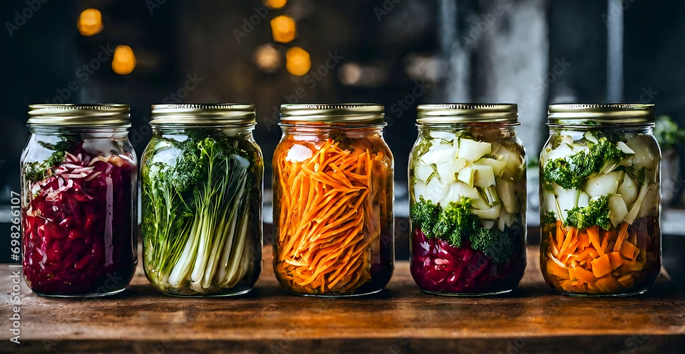 Vibrant mason jars with fermented vegetables. - obrazy, fototapety, plakaty 