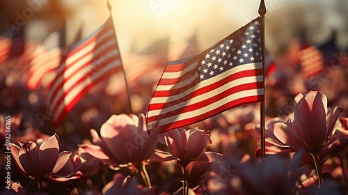 American flag with flowers on Memorial Day