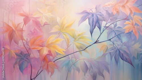  a painting of colorful leaves on a blue, pink, yellow, and green background with a white stripe in the bottom right corner. © Anna