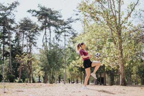 A fit and attractive woman enjoys training outdoors in a park. She performs impressive freestyle tricks with a soccer ball, showcasing her athleticism and motivation. © qunica.com