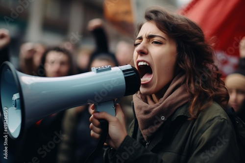 woman shouting into a megaphone