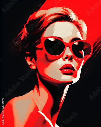 red black and white silhouette of woman face with red lips wearing sunglasses, vector icon ready to print, design as banner isolated on white background, bright colors, retro vintage poster superwoman