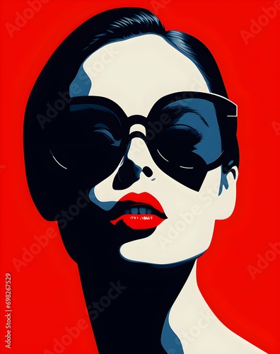red black and white silhouette of woman face with red lips wearing sunglasses, vector icon ready to print, design as banner isolated on white background, bright colors, retro vintage poster superwoman