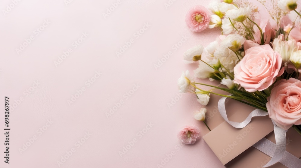 a bouquet of pink roses and white carnations in a gift box on a pink background with a ribbon. a bouquet of pink roses and white carnations in a gift box on a pink background with a ribbon.