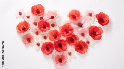  a bunch of red and white flowers arranged in the shape of a heart on a white background with space for text.