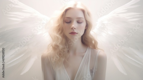  a woman with long blonde hair wearing a white dress with white wings on her head and eyes closed in front of a white background.