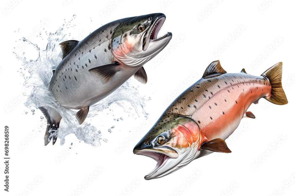 Set of salmon fishes cut out on a transparent background. Red salmon fishes emerges from the water. Design element to be inserted into an aquarium design or project - obrazy, fototapety, plakaty 