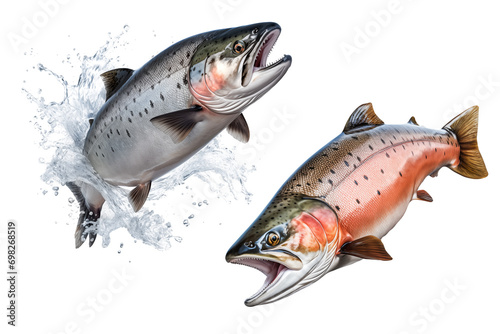 Set of salmon fishes cut out on a transparent background. Red salmon fishes emerges from the water. Design element to be inserted into an aquarium design or project photo
