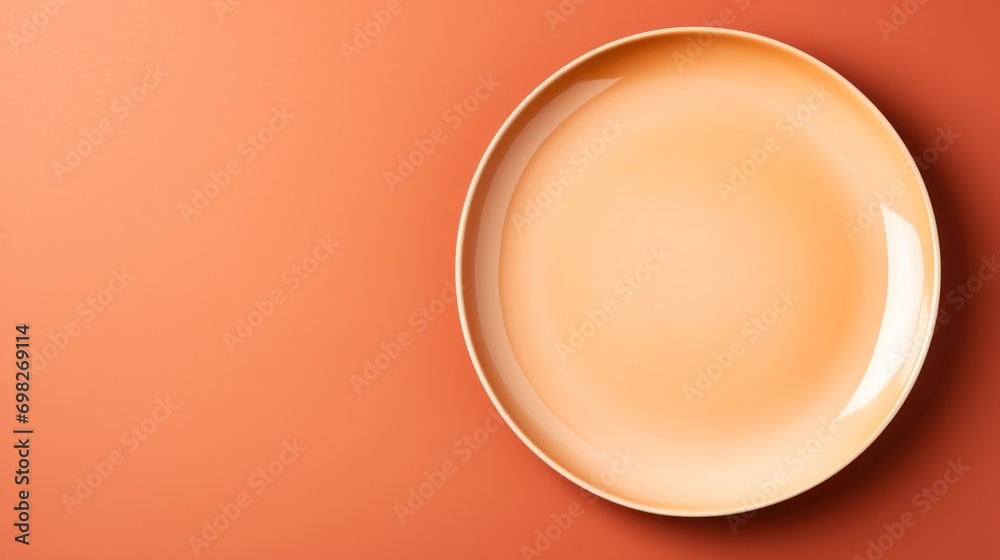 a white plate sitting on top of a red table next to an orange wall with a shadow of the plate on it. a white plate sitting on top of a red table next to an orange wall with a shadow of the plate on it.